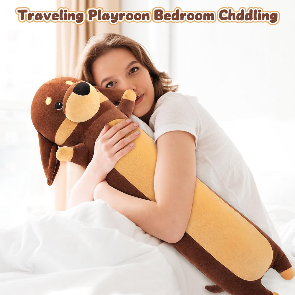 Auspicious Beginning dachshund plush in a cozy bedroom setting as decor.