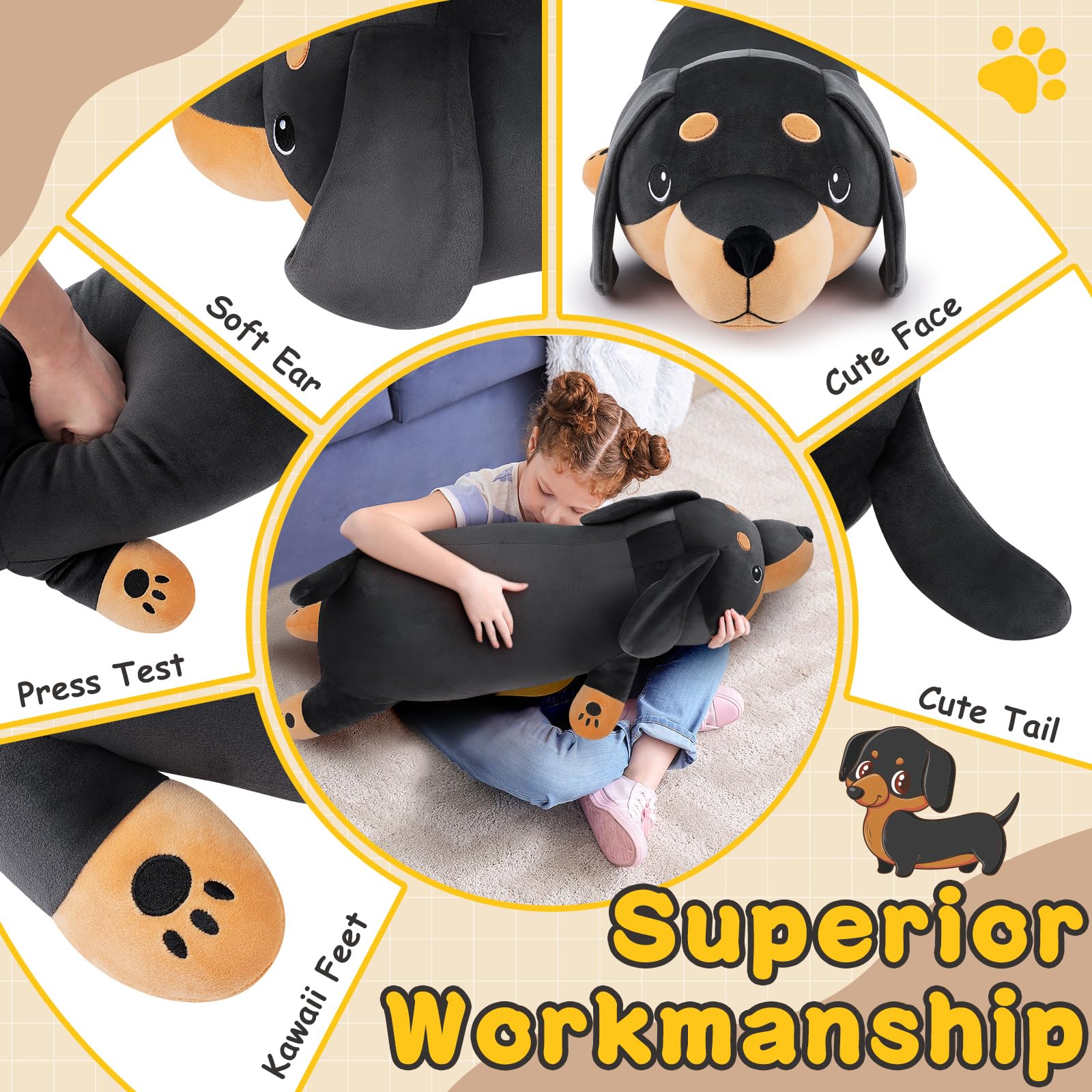 Auspicious Beginning dachshund plush close-up embroidery shows durable details