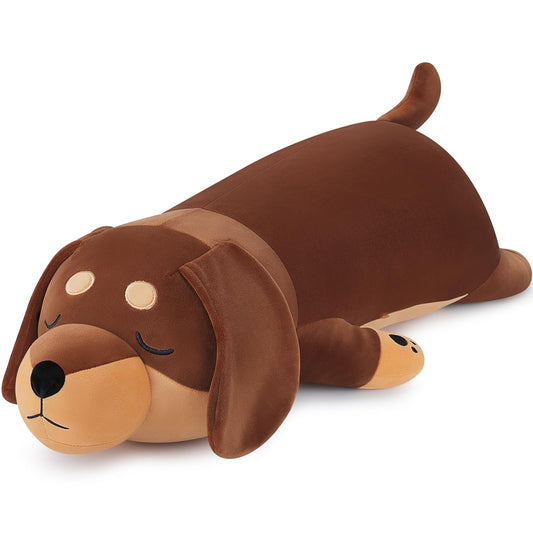 Auspicious Beginning 30-inch giant dachshund plush ready for cuddles and sleep time.