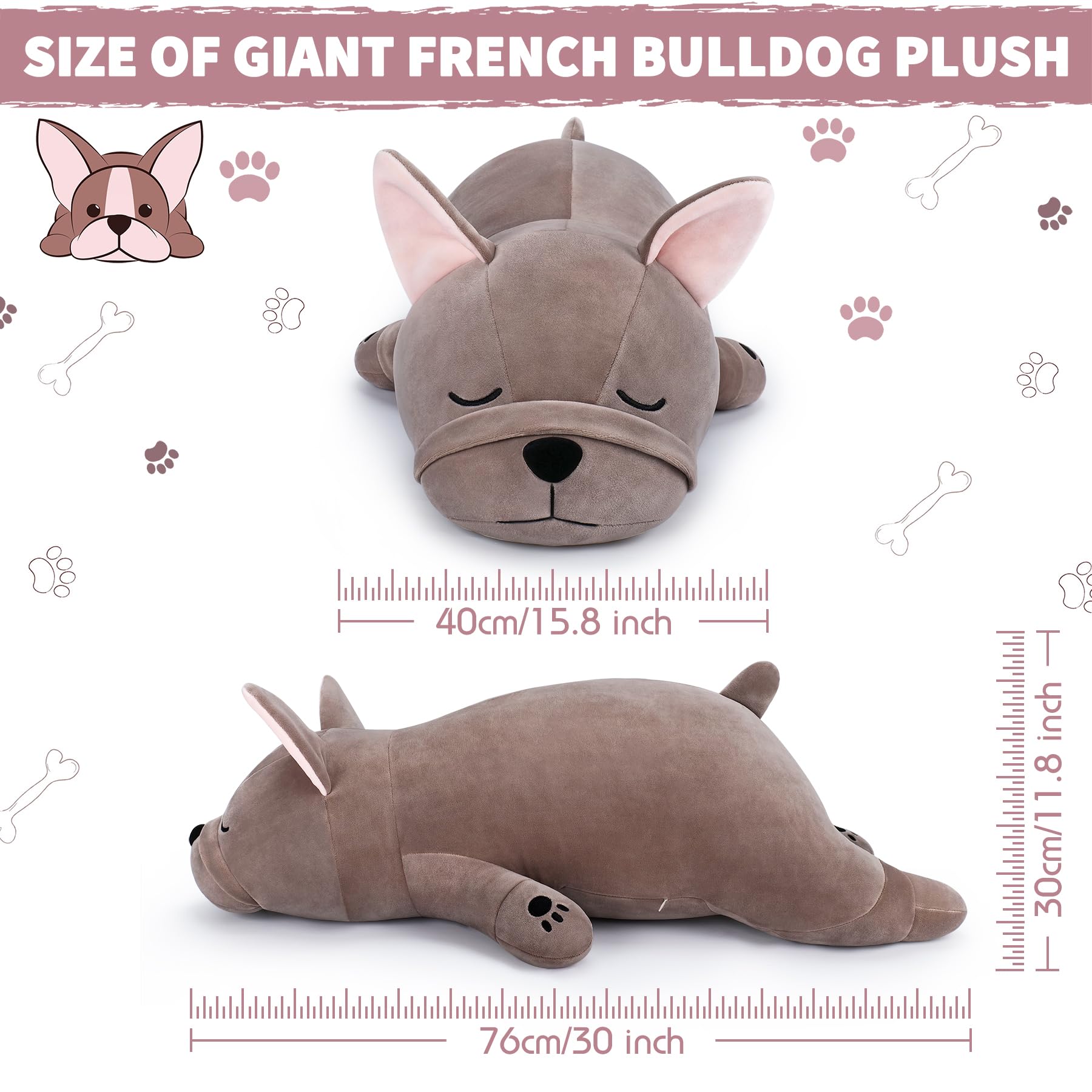Auspicious Beginning giant French Bulldog plush close-up shows ultra-soft fabric.