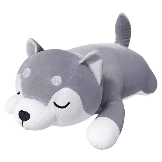 Auspicious Beginning husky plush pillow features soft short plush material for cozy hugs.