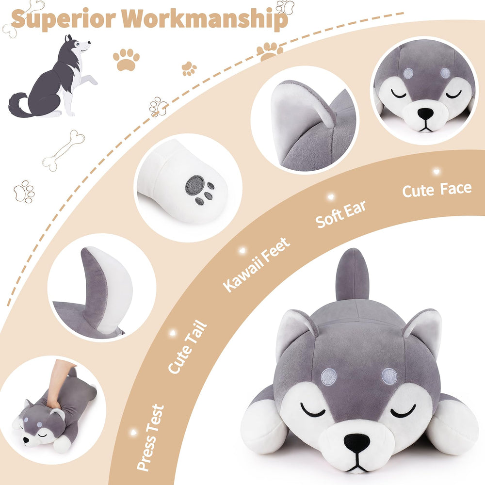 Auspicious Beginning husky plush pillow shows a fluffy tail for playful decoration.