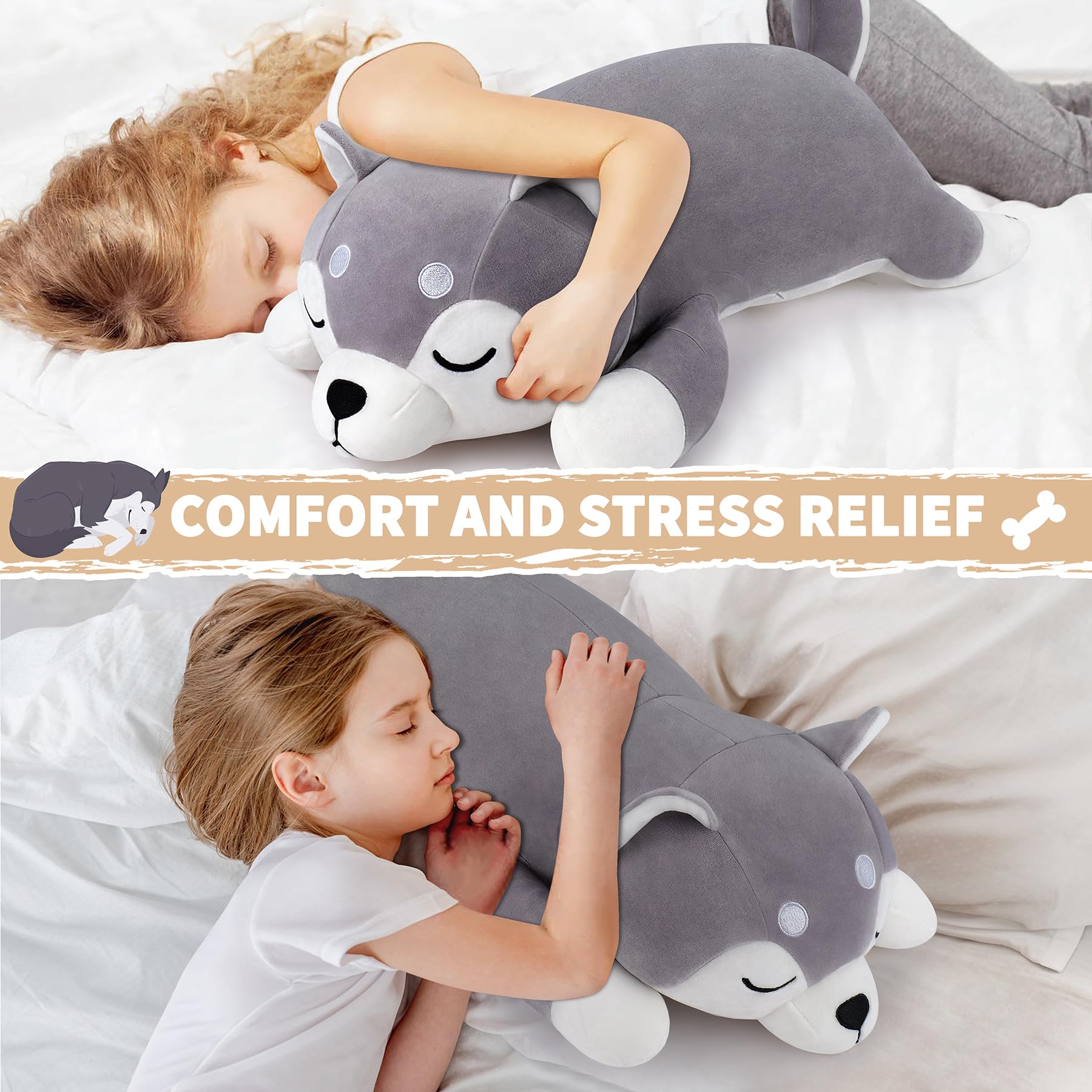 Auspicious Beginning husky plush pillow is great for beds, chairs, and car trips.