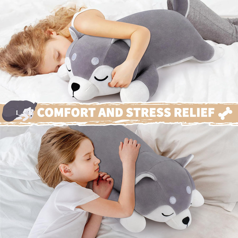Auspicious Beginning husky plush pillow is great for beds, chairs, and car trips.
