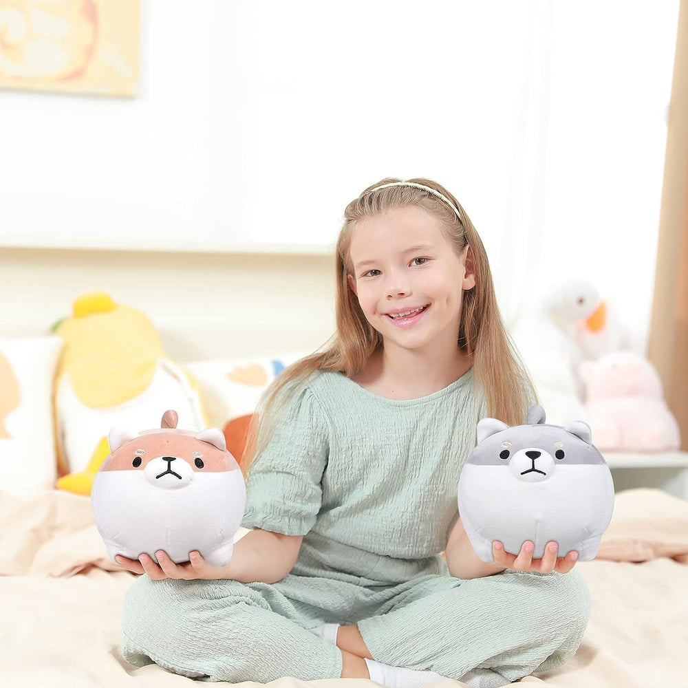 Auspicious Beginning Kawaii dog plush close-up highlights fluffy textures.