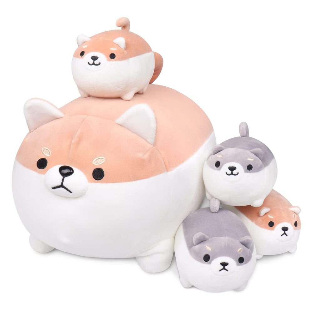 Auspicious Beginning Shiba Inu plush family set for cozy play and cuddles.