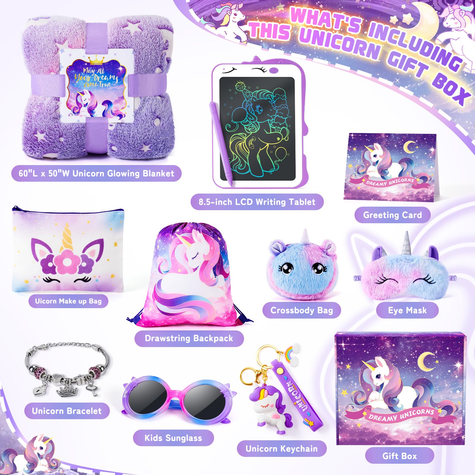 Auspicious Beginning unicorn glow blanket glows in the dark for cozy nights.