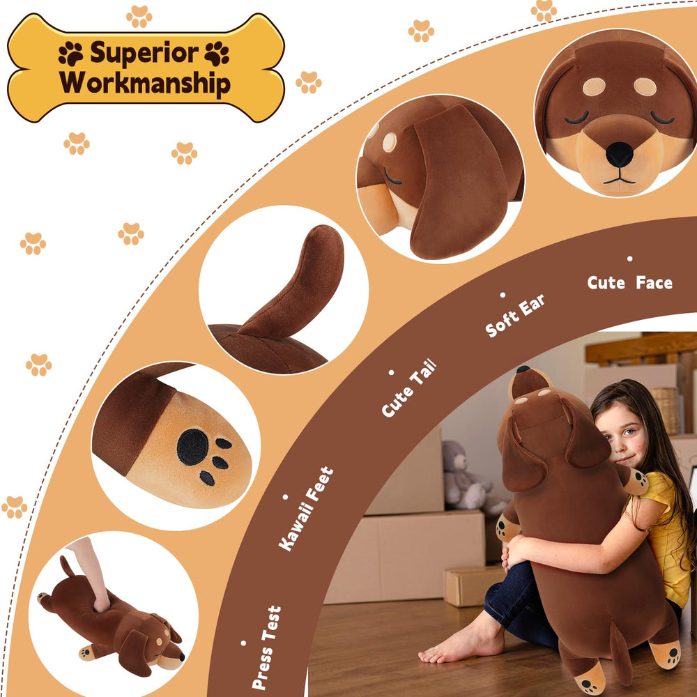 Auspicious Beginning weiner dog plush pillow large for lounging and decor.