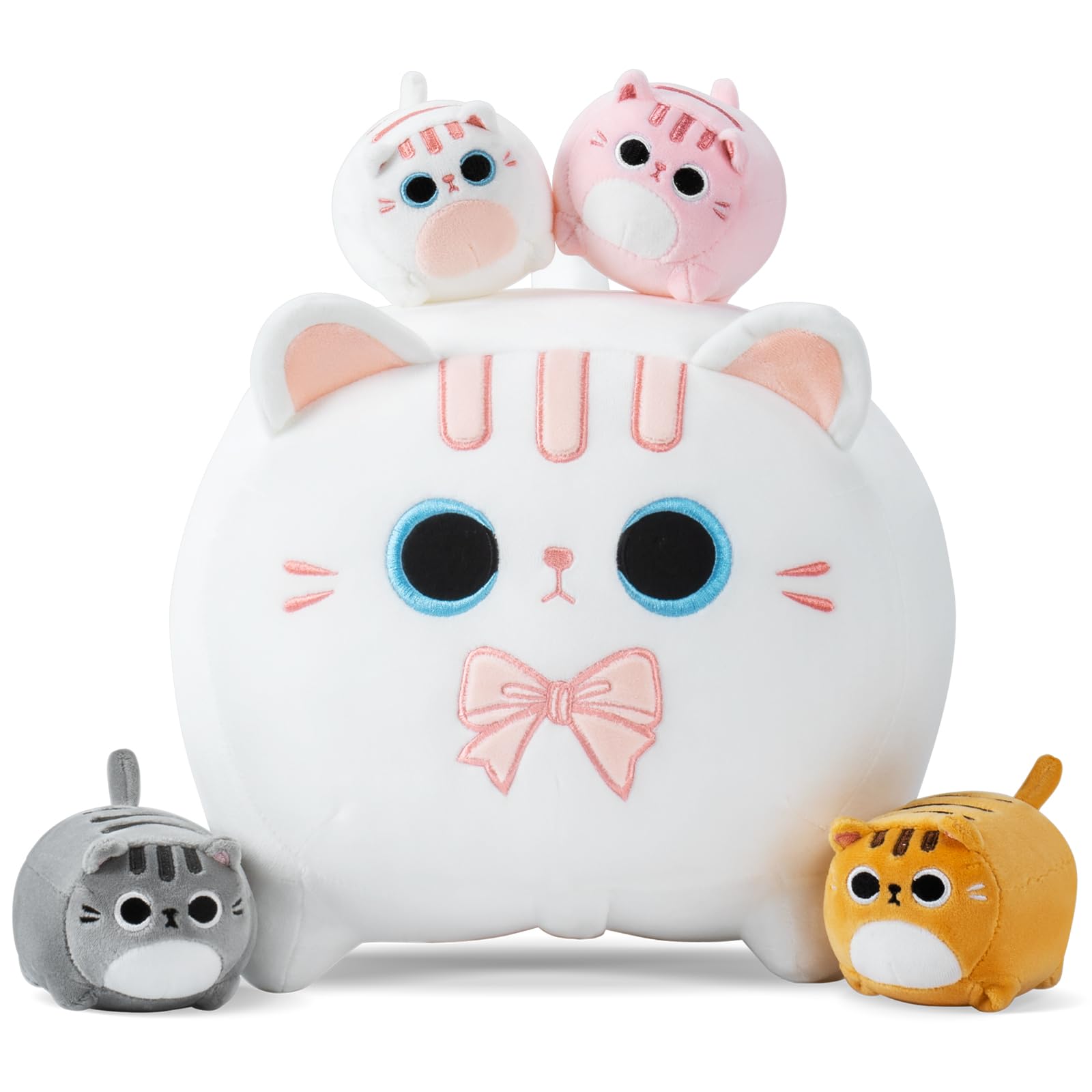 Auspicious Beginning white cat mommy plush, soft and large cuddle companion.