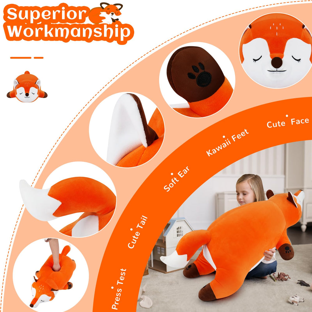Auspicious Beginnings orange fox plush with soft fabric ideal for kids' cuddles.