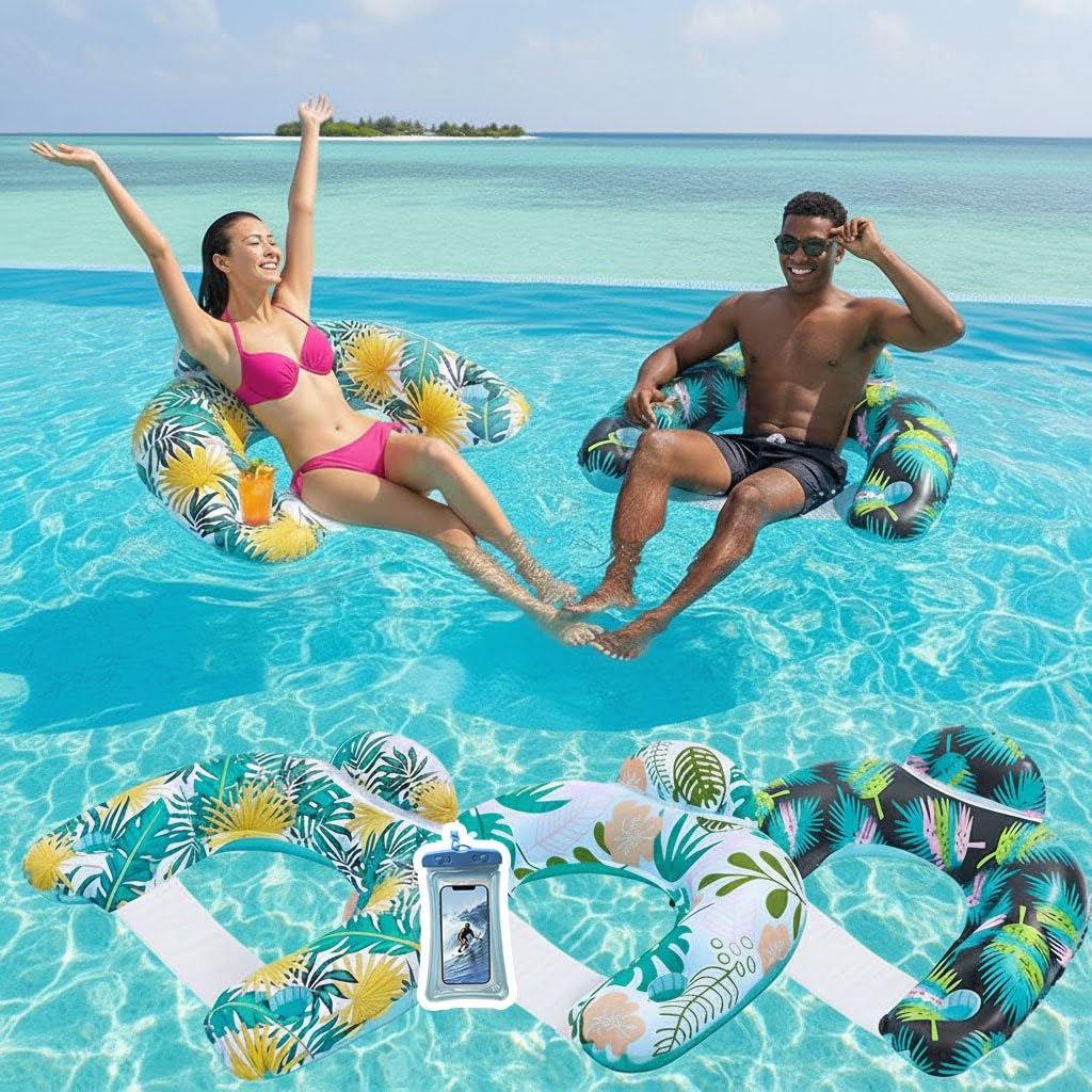 Auspicious Rain 3-pack floats with cup holders and headrest for stable pool lounging.
