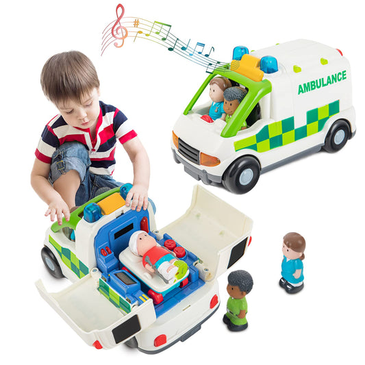 Auspint ambulance toy with friction-powered action and lights.