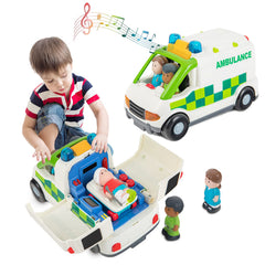Auspint ambulance toy with friction-powered action and lights.