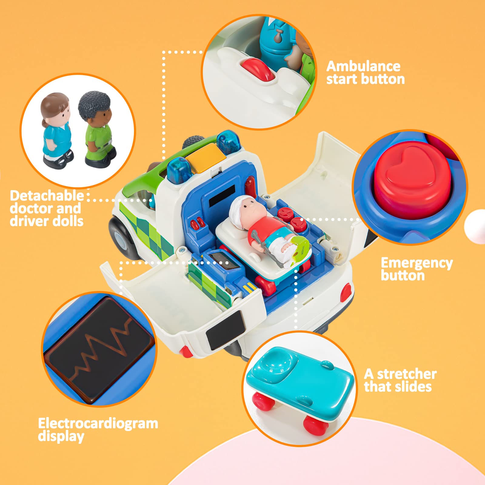 Auspint ambulance LED lights and sounds button enhance immersive play.