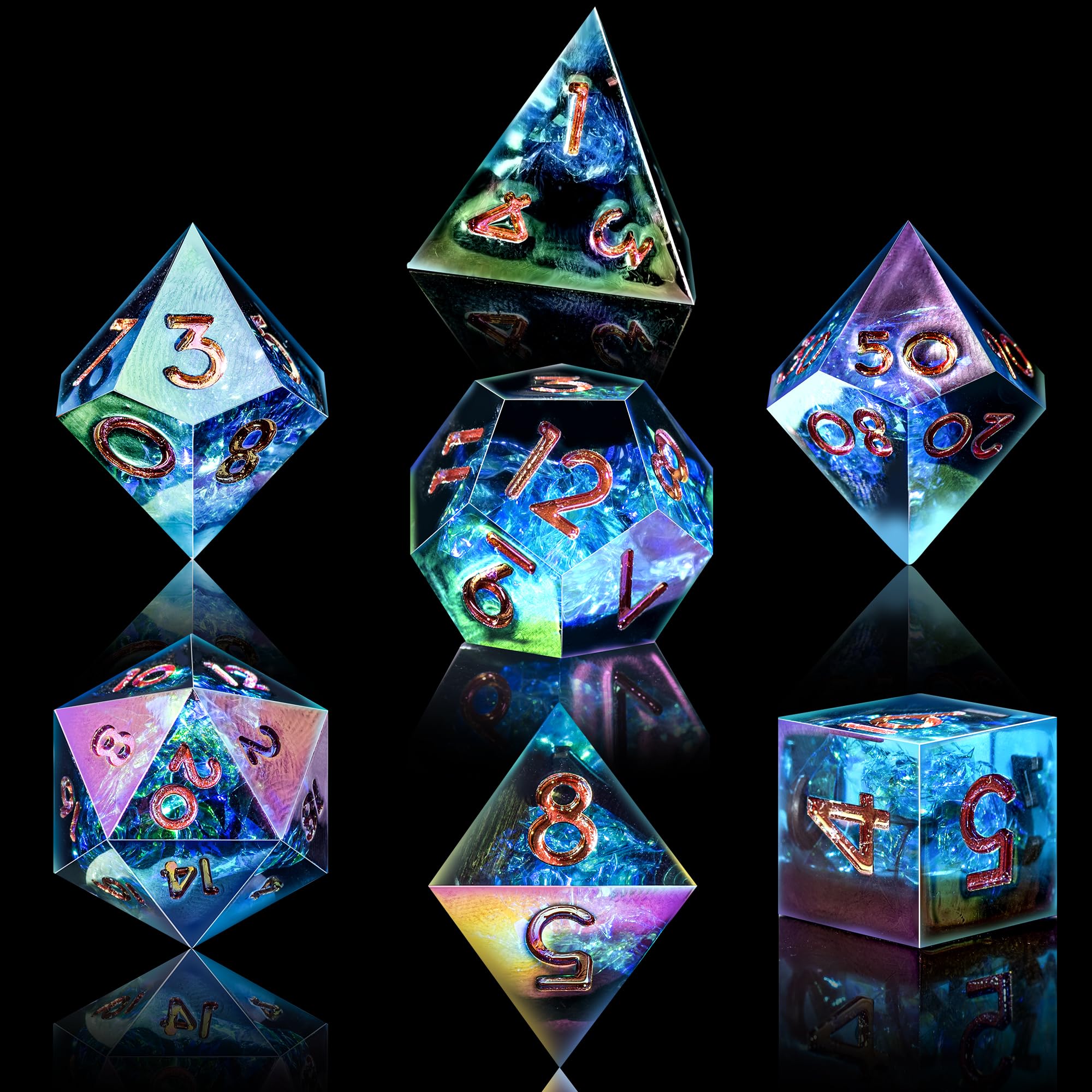 AUSTOR resin dice material with mirror finish and color depth on display.
