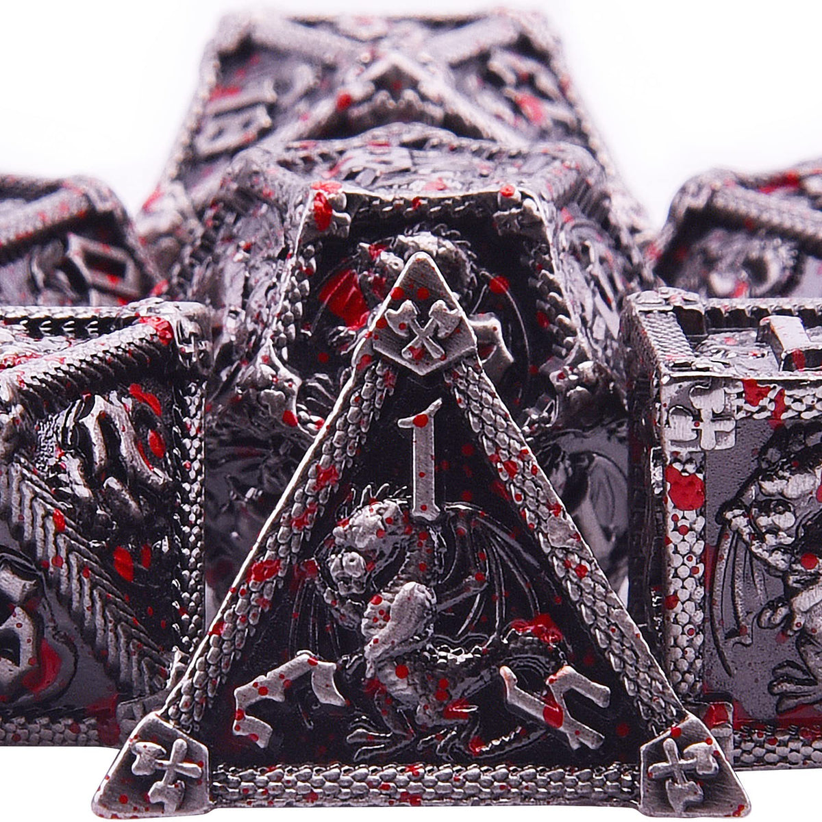 AUSTOR blood-spattered antique iron DND die for dramatic gameplay.