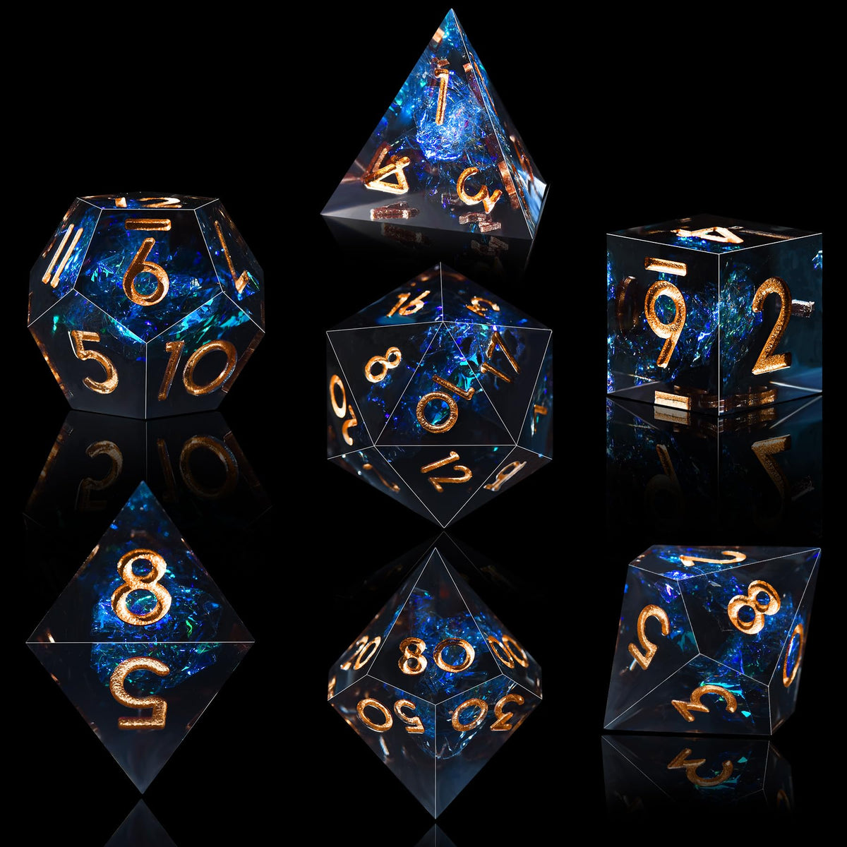 AUSTOR Dark Star seven-die set displayed with sharp edges for premium play