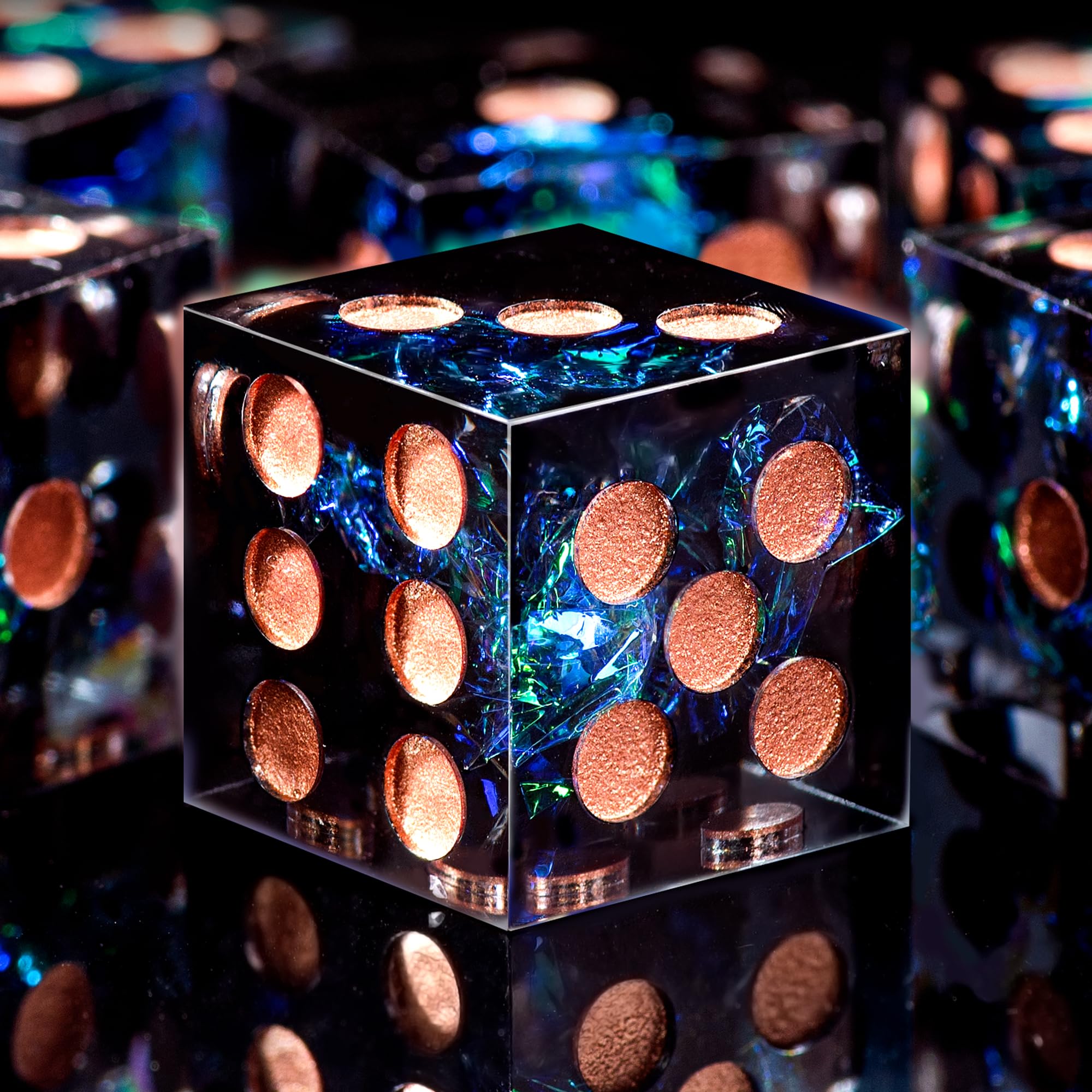 AUSTOR Dark Star 16mm dice displayed in metal case for organized game night.
