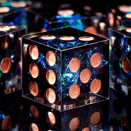 AUSTOR Dark Star 16mm dice displayed in metal case for organized game night.