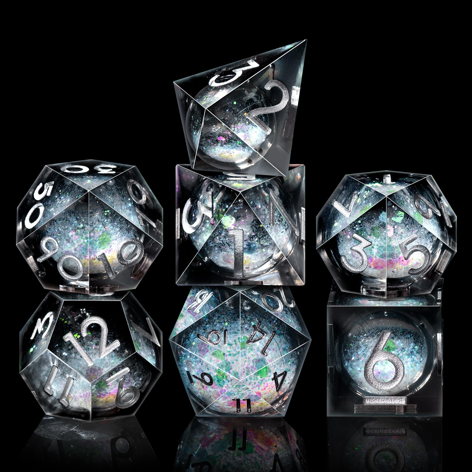AUSTOR seven-piece DND dice set with D4 through Dpercent for RPG sessions.
