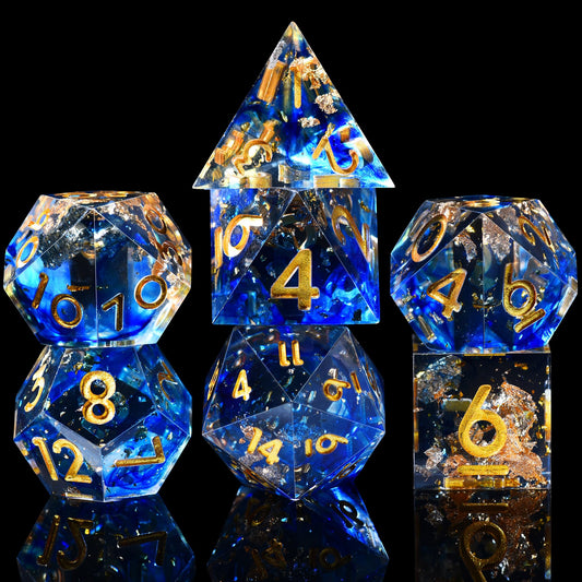 AUSTOR handmade sharp-edge dice close-up with mirror-like sparkle.