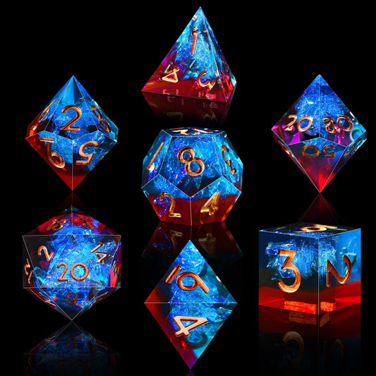 AUSTOR 7-die DND set, flame red and ice blue, for immersive tabletop play.