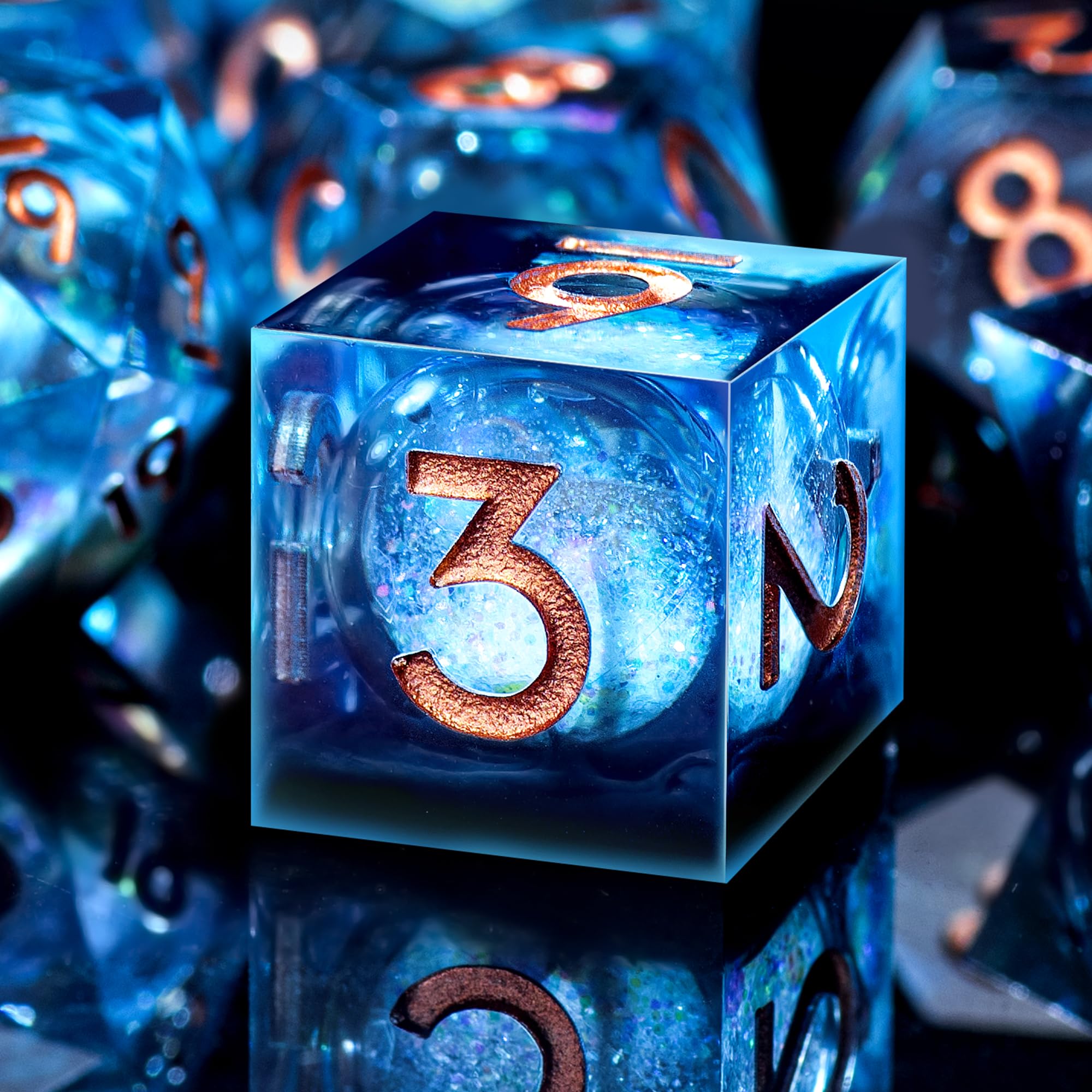 AUSTOR liquid core DND dice D4 shows floating core during roll for dramatic visuals