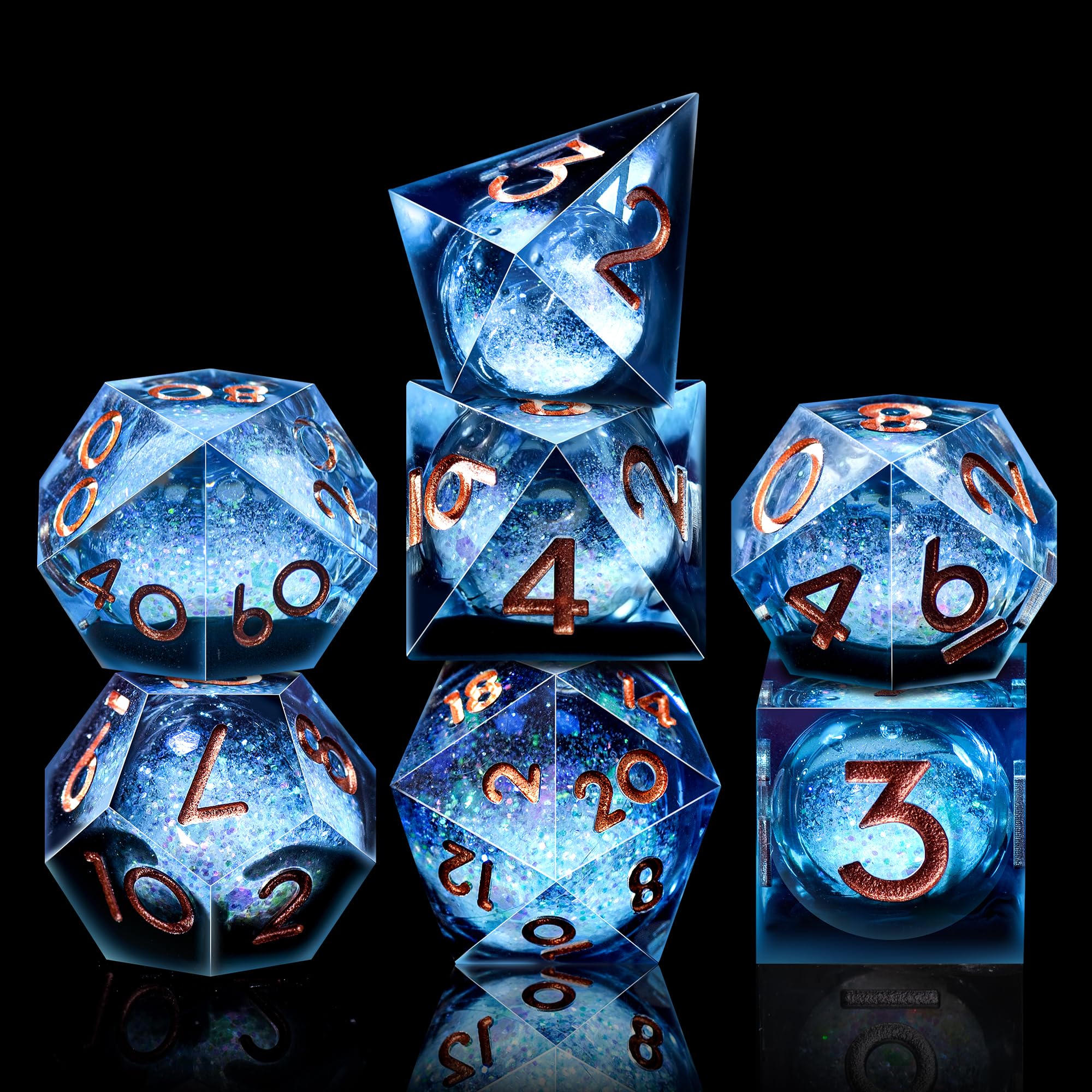 AUSTOR liquid core DND dice D6 with shimmering quicksand effect during spin