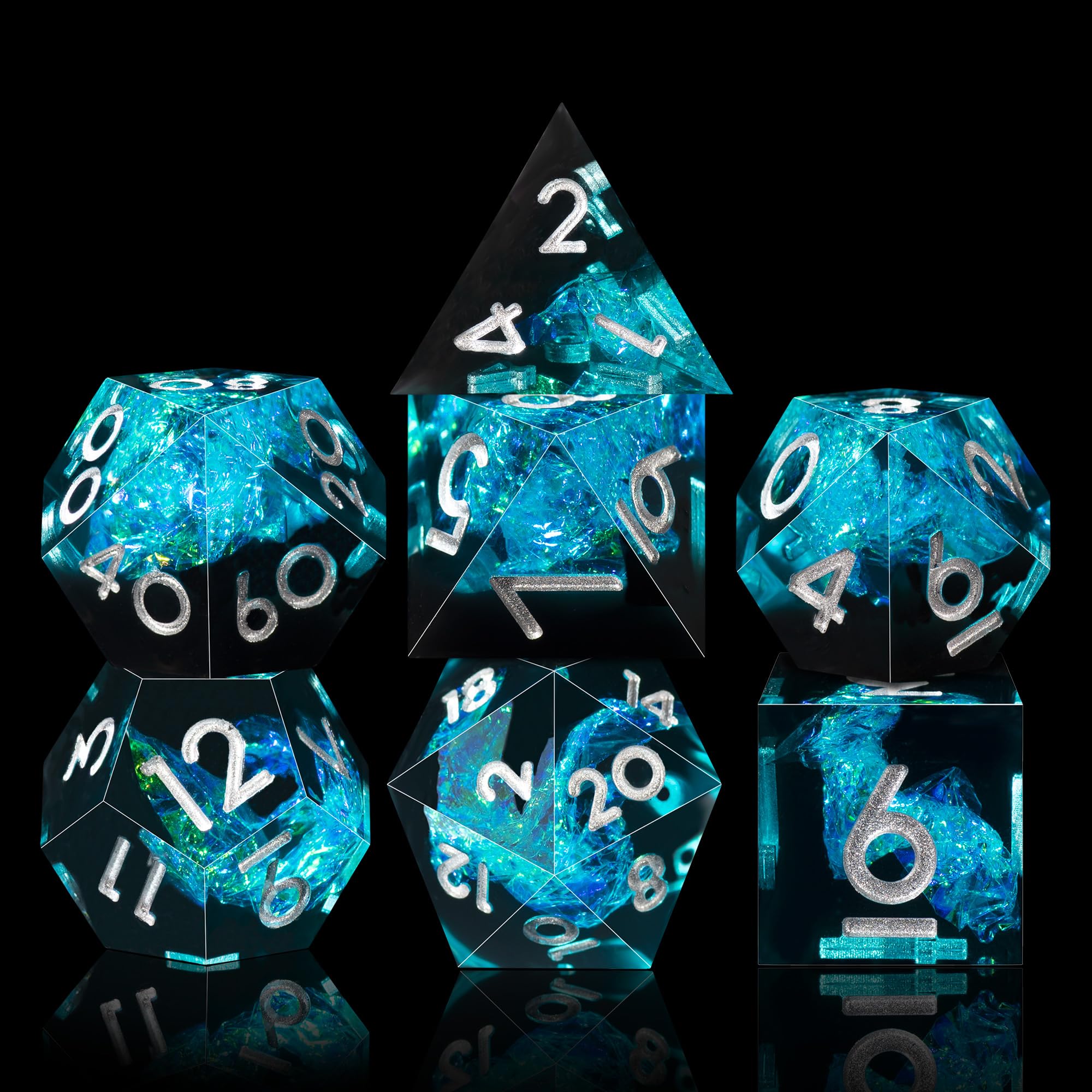 AUSTOR seven-die DND dice sharp edges close-up demonstrating precision