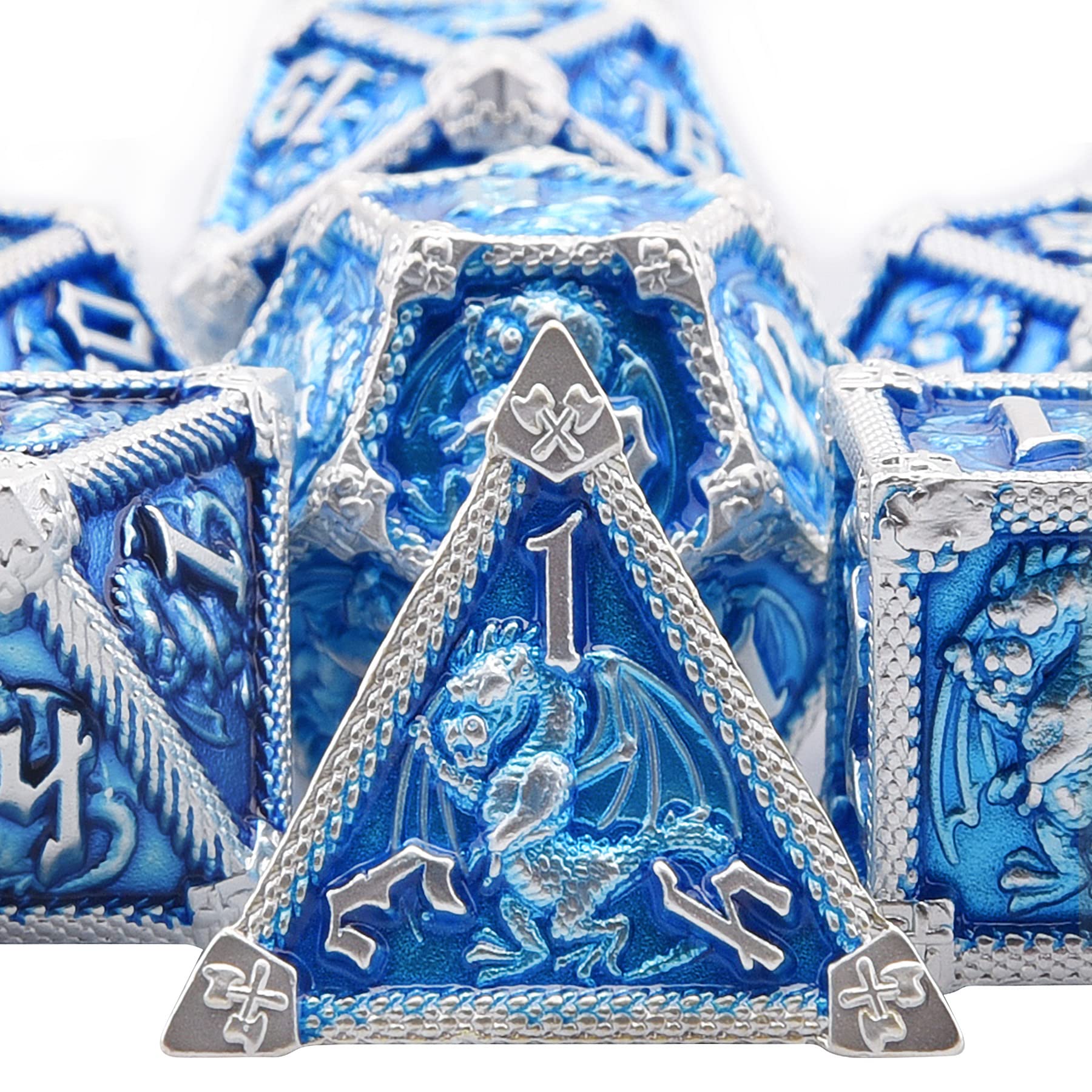 AUSTOR seven-die metal DND set in sky blue with silver edge, ideal for rolls.