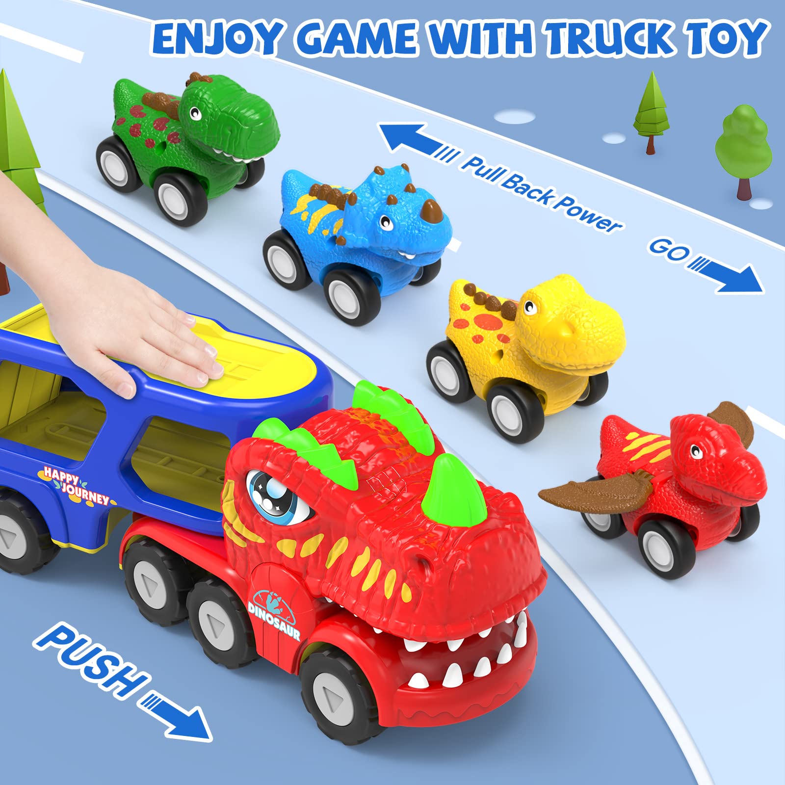 AUTGA dinosaur tailgate opens to transport the four mini cars.