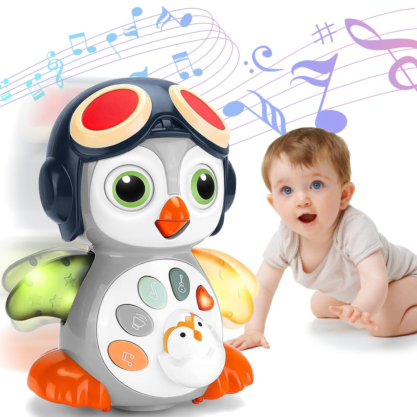 Autumety crawling musical penguin toy with light-up wings for engaging play.