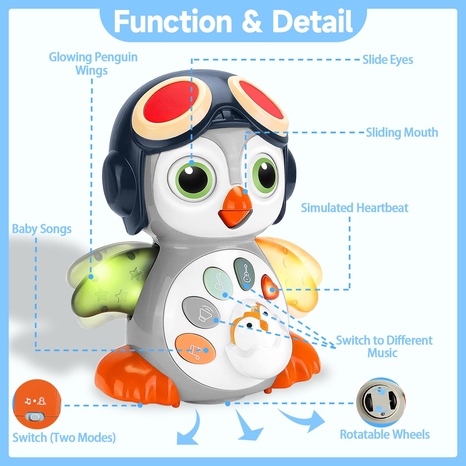 Autumety penguin toy supports tummy time and baby motor development.