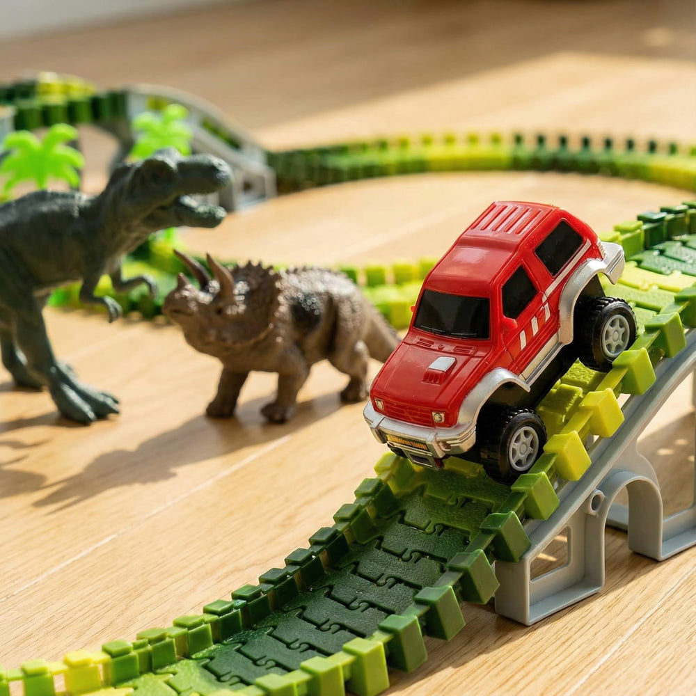 AUUGUU Track trees create a vivid dino-forest backdrop for adventures.