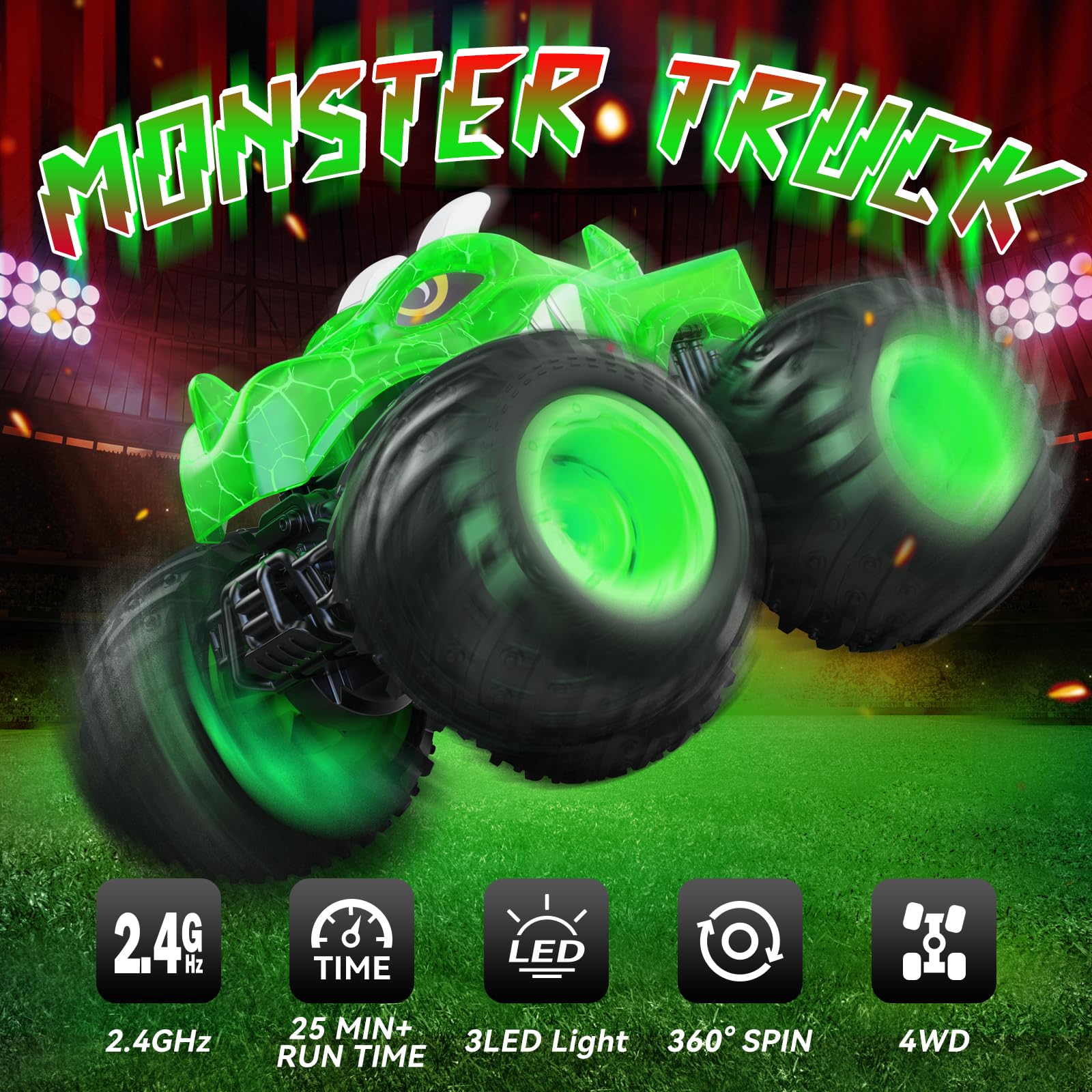 AUUGUU monster truck on flexible rubber tires handling indoor and outdoor surfaces.
