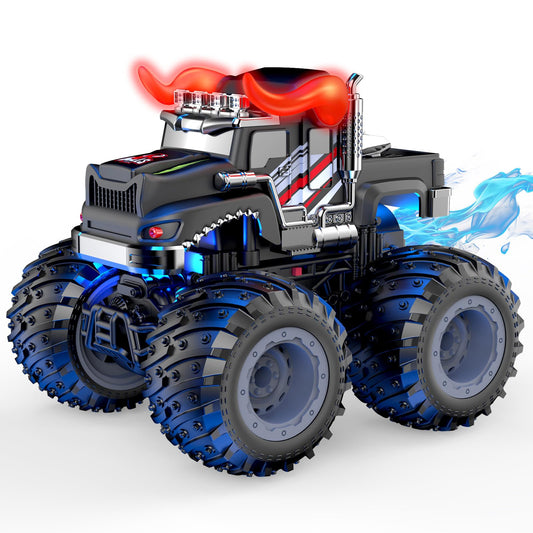 AUUGUU remote control monster truck front view with LED lights and spray boost for indoor adventures.