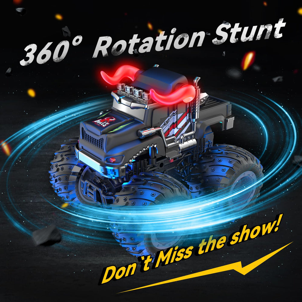 AUUGUU remote control monster truck rocket spray and LED lights close-up for dramatic action.