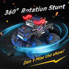 AUUGUU remote control monster truck rocket spray and LED lights close-up for dramatic action.