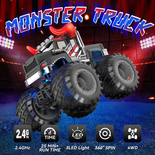 AUUGUU remote control monster truck side view shows all-terrain tires for versatile play.