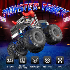 AUUGUU remote control monster truck side view shows all-terrain tires for versatile play.