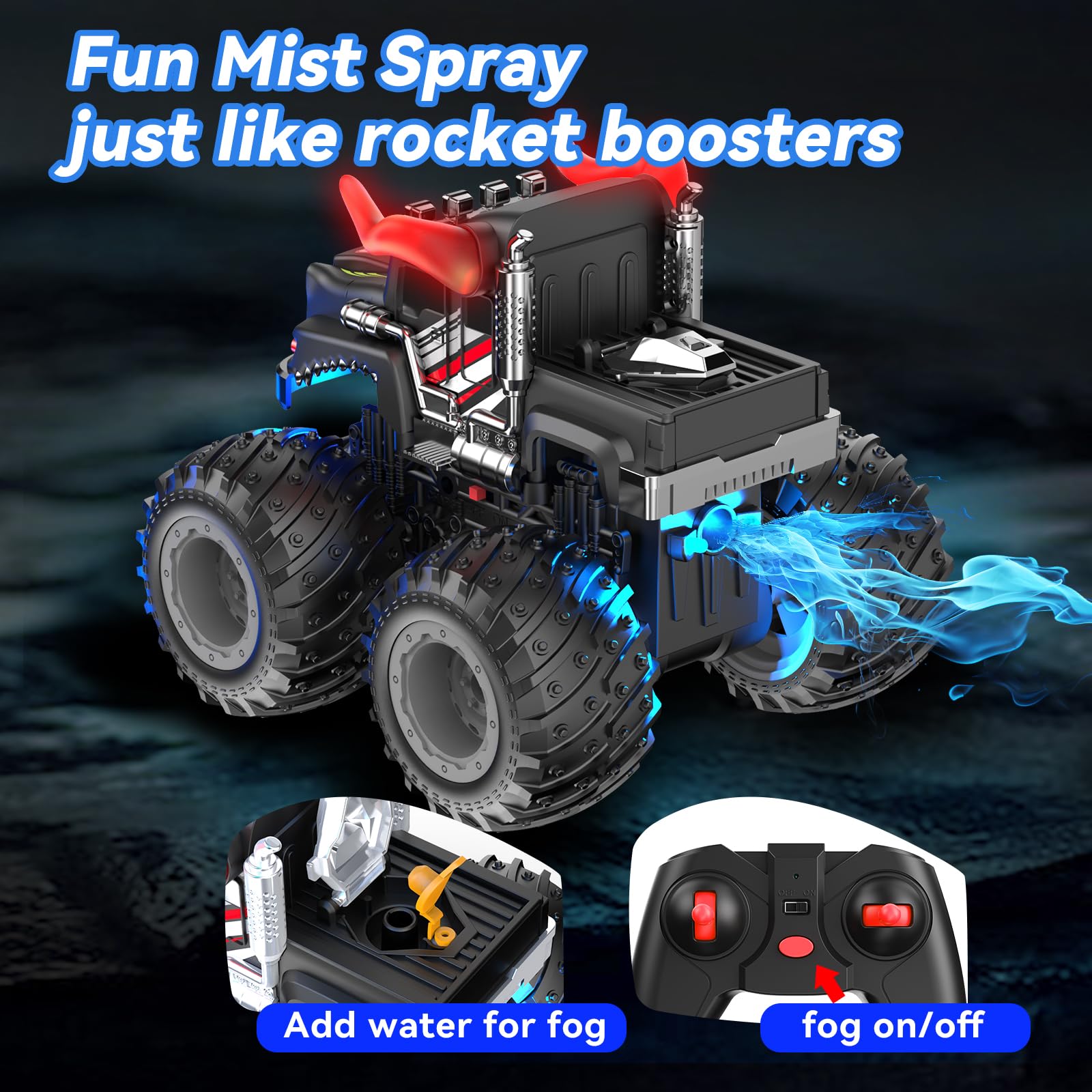 AUUGUU remote control monster truck top view highlights compact chassis and rechargeable battery.