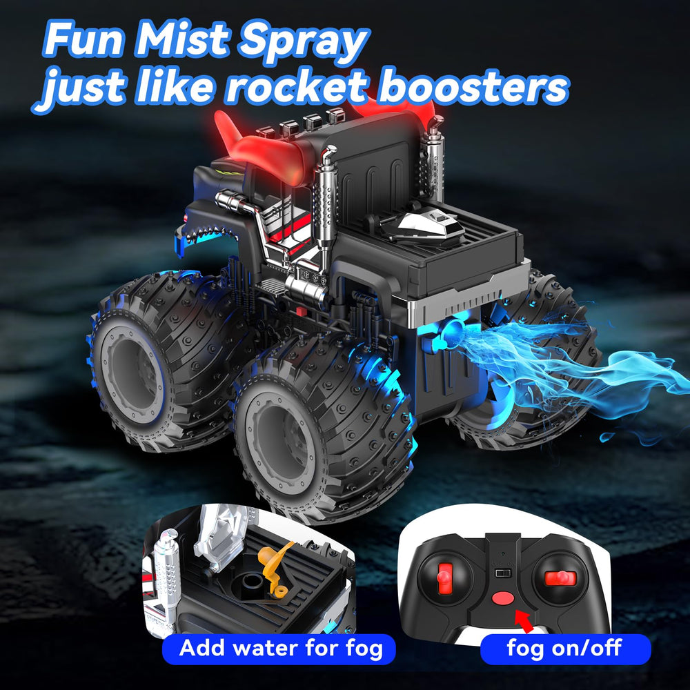 AUUGUU remote control monster truck top view highlights compact chassis and rechargeable battery.