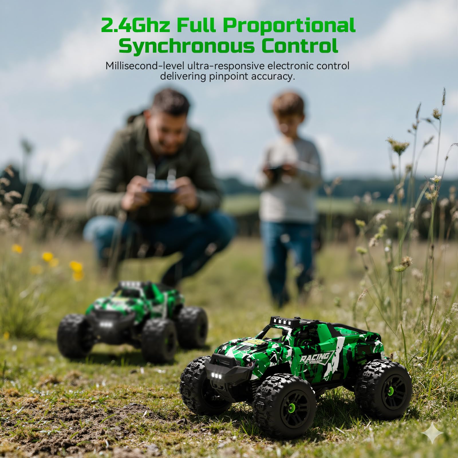 AUYRZ 36KMH RC car headlights illuminate night riding adventures.