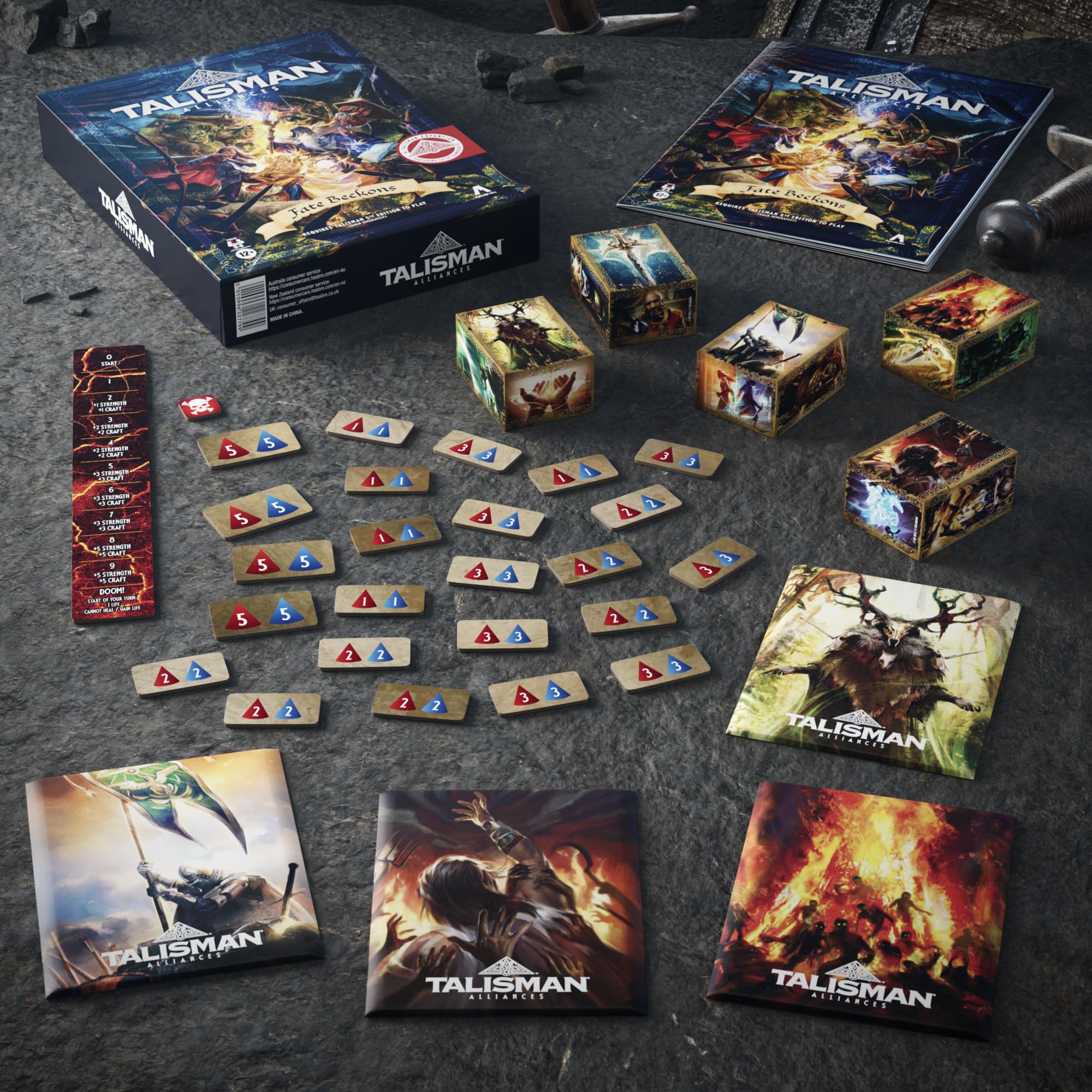 Avalon Hill Talisman Alliances trial-challenge visuals suggest balancing luck and tactics.