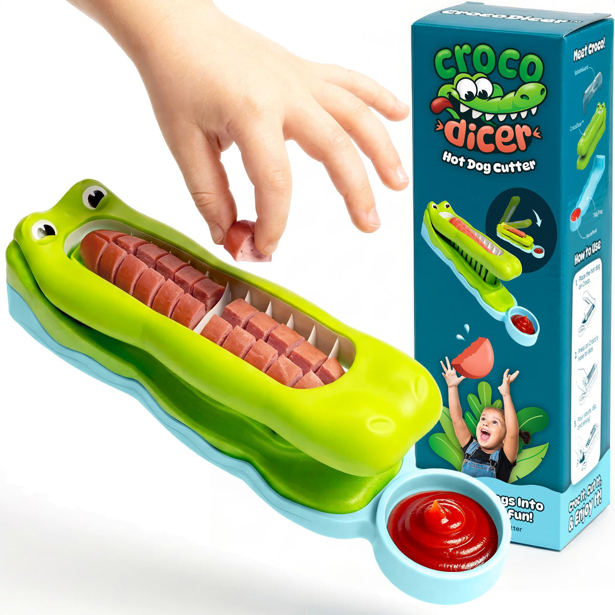 Avant Grub CrocoDicer in a child's hands pressing to create bites.