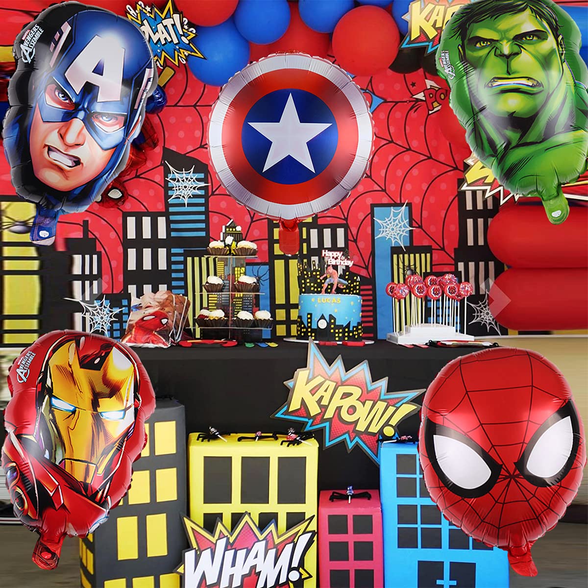 Packaging and contents for easy setup of Avengers aluminium foil balloons.