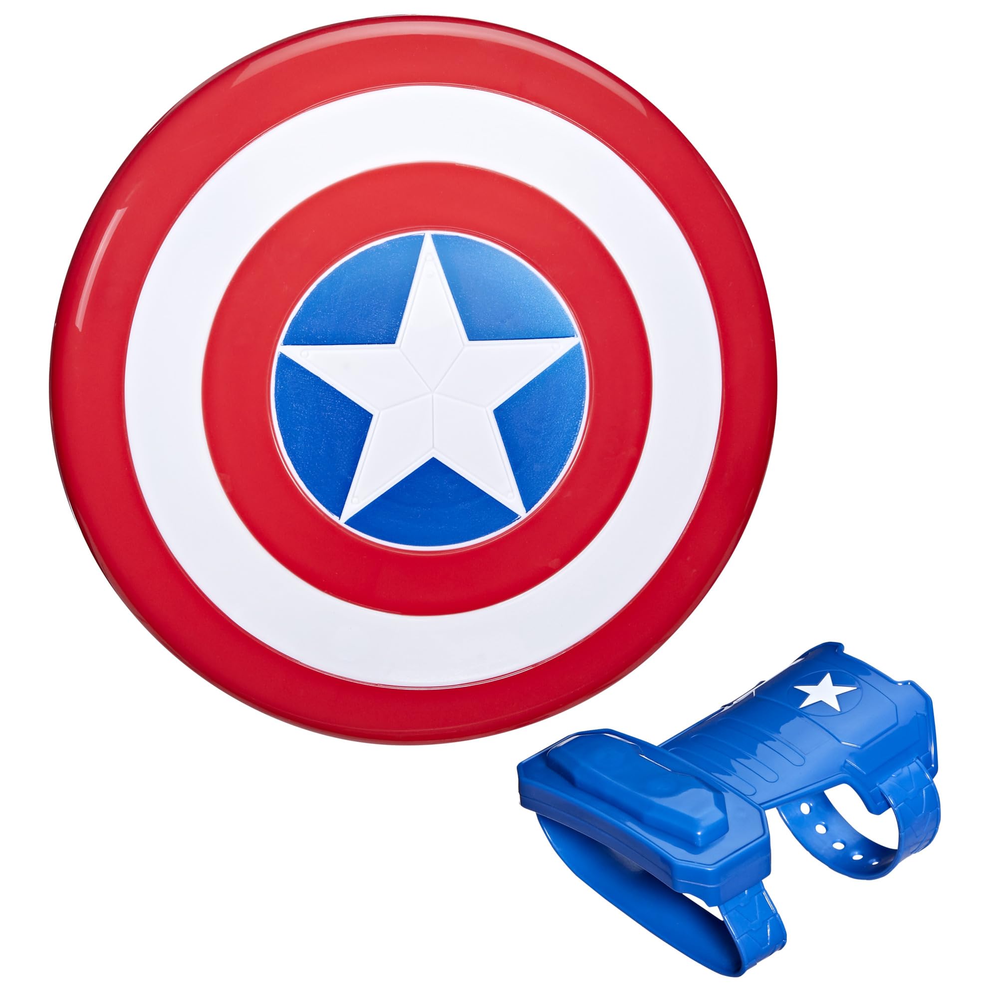 Avengers Captain America shield attached to magnetic gauntlet on wrist for secure pretend-play.