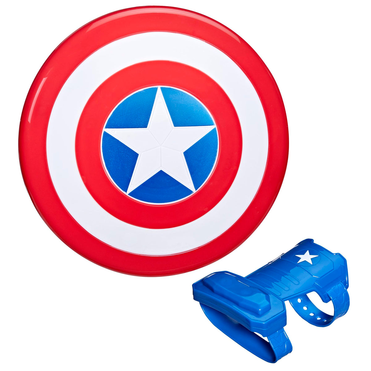 Avengers Captain America shield attached to magnetic gauntlet on wrist for secure pretend-play.