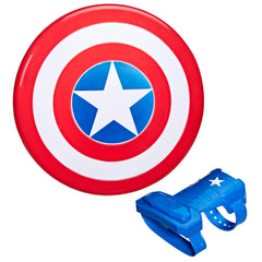 Avengers Captain America shield attached to magnetic gauntlet on wrist for secure pretend-play.