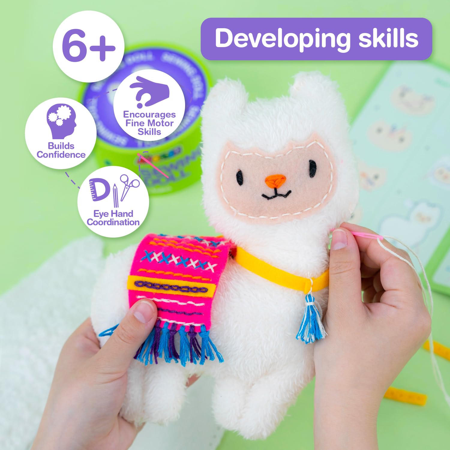 Avenir llama plush craft from beginner kit, easy stitching for kids